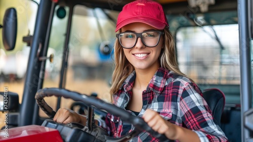 Happy female truck driver steering large truck against blurred cityscape, space for text