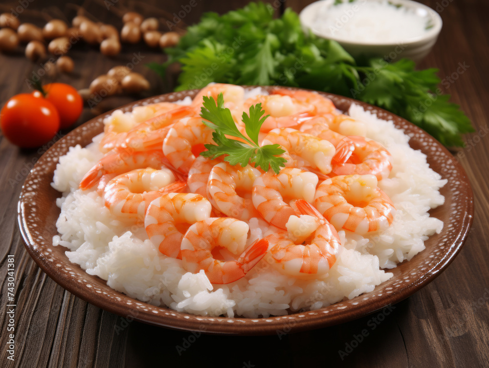 Boiled shrimps with rice and parsley on wooden table Boiled shrimps with rice and parsley on wooden table
