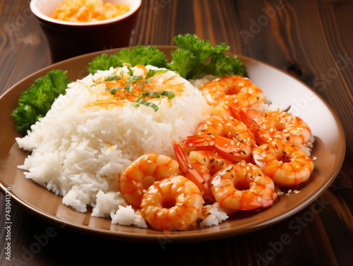 Boiled shrimps with rice and parsley on wooden table
