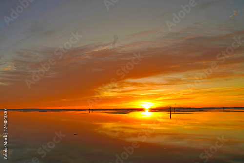 Sunrise at Bonneville Salt Flats with spectacular water reflections near Wendover  Utah Unit4ed States