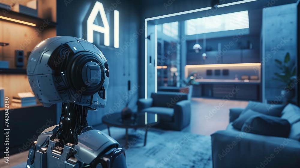 Futuristic AI Tech Hub: Exploring Transhuman and Artificial Intelligence Themes Robot and Room with AI Sign Futuristic AI Tech Hub: Exploring Transhuman and Artificial Intelligence Themes Robot and Room with AI Sign