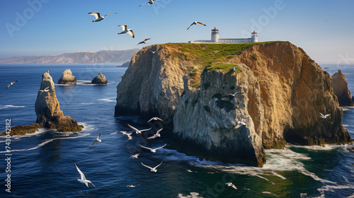 Pelicans flying over sea Island Arch and lighthouse tower