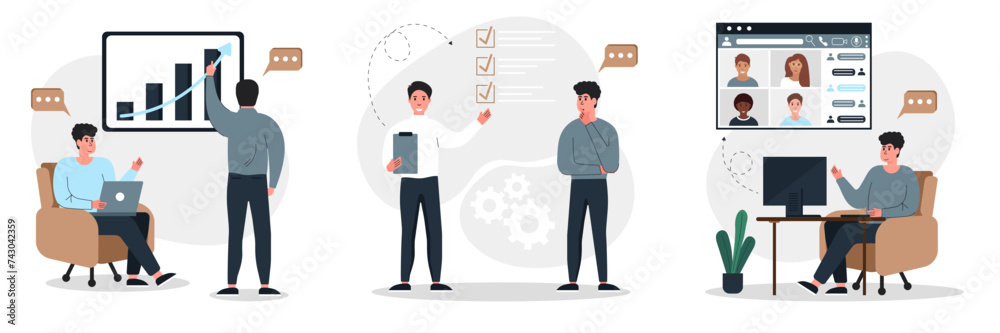 Business meetings set of illustrations. Businessmen characters hold online meetings, work in the office, discuss a list of tasks and analyze new growth opportunities. Concept of business meetings. Business meetings set of illustrations. Businessmen characters hold online meetings, work in the office, discuss a list of tasks and analyze new growth opportunities. Concept of business meetings.