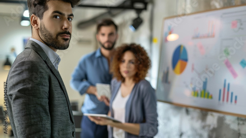 Three professionals are discussing data and charts on a presentation board in a modern office setting.