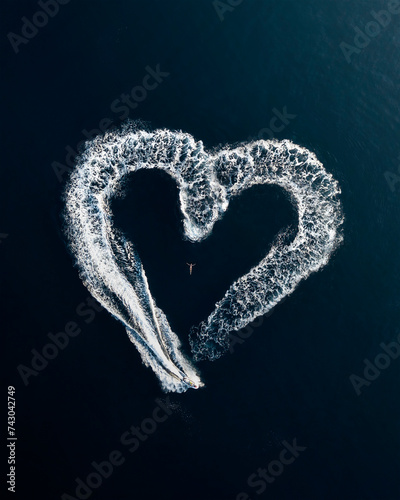 Aerial view of person in the water with a motorboat doing a heart shaped manouvre in the open sea, Primorje-Gorski Kotar, Croatia. photo