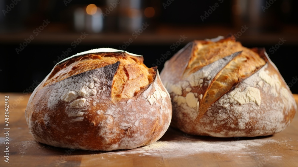 Generative AI Artfully scored boules of artisan bread, highlighting the contrast between crust and crumb.