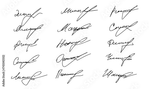 Set of autograph fictitious, handwritten fake signature. Isolated doodle on white background, vector illustration photo