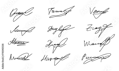 Set of autograph fictitious, handwritten fake signature. Isolated doodle on white background, vector illustration