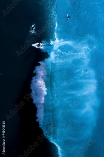 Aerial view of surfer at Ditch Plains Beach, Montauk, New York, United States.