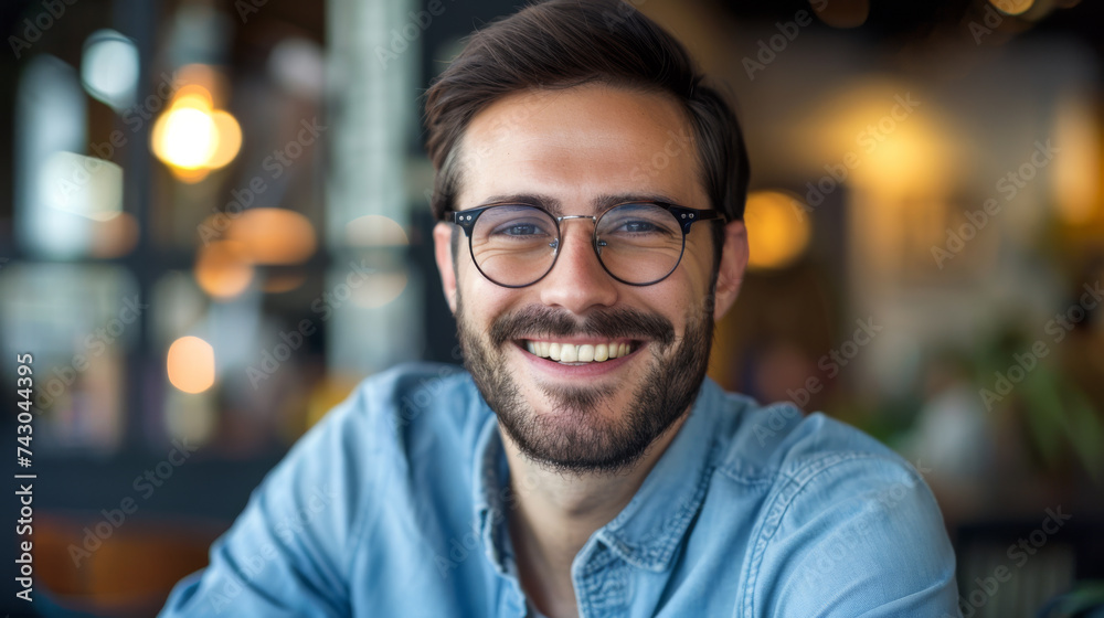 A cheerful man wearing glasses and a casual denim shirt, smiling warmly in a cozy indoor setting with natural light enhancing the ambiance. - obrazy, fototapety, plakaty 