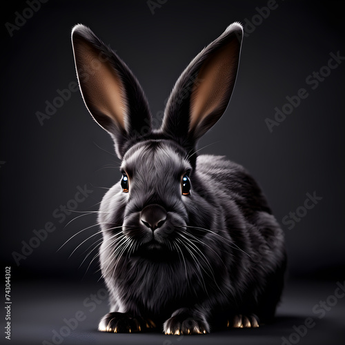 Black rabbit with big ears on a black background. © gabriela