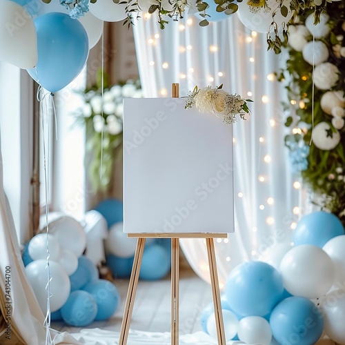 Welcome sign mockup on wooden easel with ballons