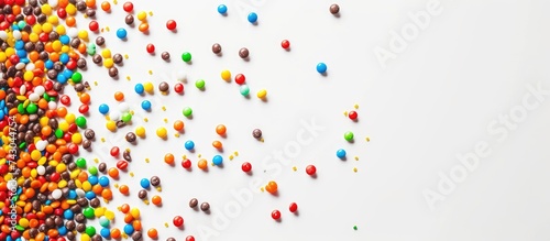 A large group of colorful candy sprinkles covering a white background  creating a vibrant and eye-catching display. The sprinkles are varied in color and size  adding a playful and festive touch to