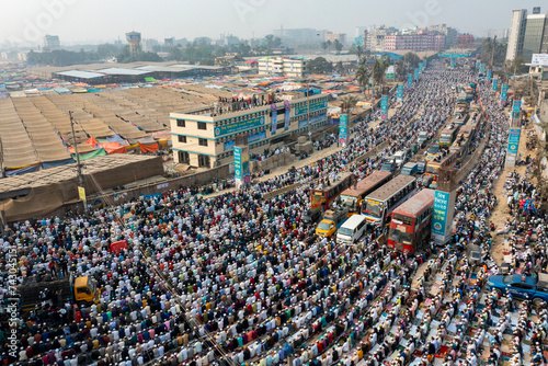 Aerial view of people praying and worshipping during the annual Ijtema event in Dhaka, Bangladesh.