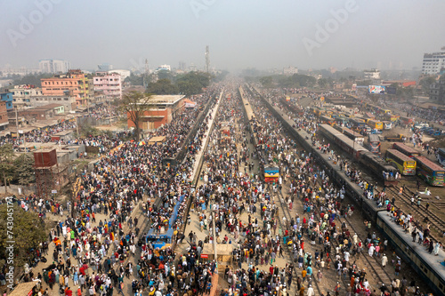 Aerial view of a crowded train station during the annual Ijtema festival, Dhaka Division, Bangladesh. photo
