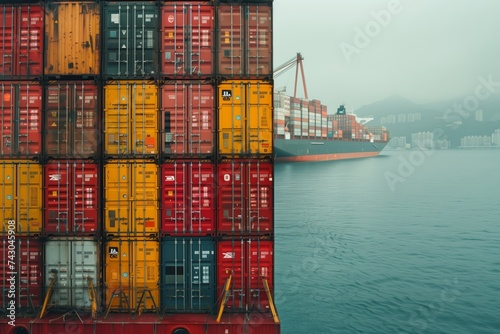Merchant worldwide transportation ship full of Cargo Container boxes for import export dock in sea or ocean. International Business commercial trade global freight shipping logistic oversea concept.