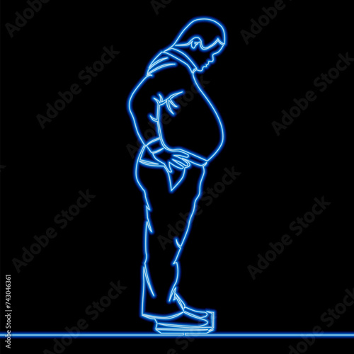 Fat guy on scales. Glutton Thick man. fatso icon concept