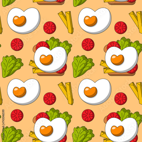 Seamless pattern with Sandwich with scrambled eggs in the shape of a heart