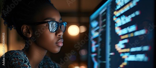 Back behind view photo of dark skin programmer lady look big monitor check id address work overtime check debugging system wear specs casual shirt sit table late night office indoors photo