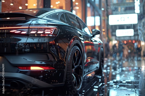 A black car with sleek automotive design is parked in the rain in front of a building, its tires glistening on the wet pavement © RichWolf
