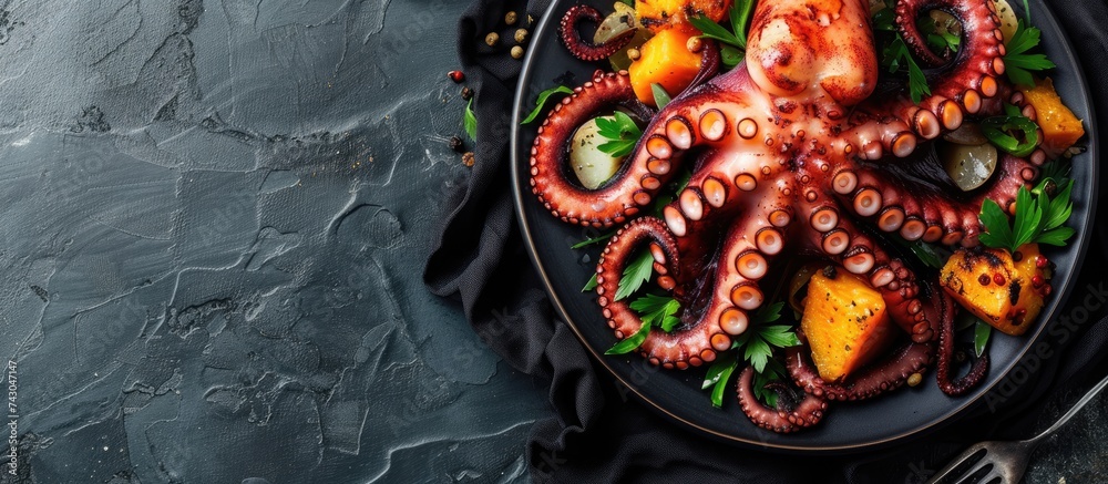 Popular portuguese grilled octopus plate with sweet potatoes and some green vegetables. with copy space image. Place for adding text or design