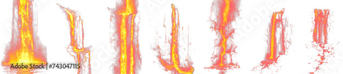 Flaming lava falls. Set of transparent background flowing red, orange and yellow burning lava. Yosemite National Park. Mega set of lava falls. Similar to waterfall but with lava instead. Fantasy. photo
