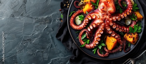 Popular portuguese grilled octopus plate with sweet potatoes and some green vegetables. with copy space image. Place for adding text or design