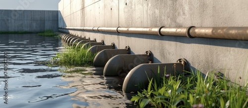 Overflow and infiltration well connected to drainage pipes dug in a ditch. with copy space image. Place for adding text or design