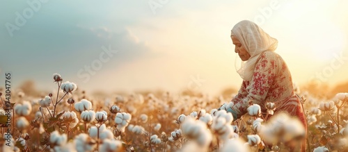 Indian woman harvesting cotton in a cotton field Maharashtra India. with copy space image. Place for adding text or design photo