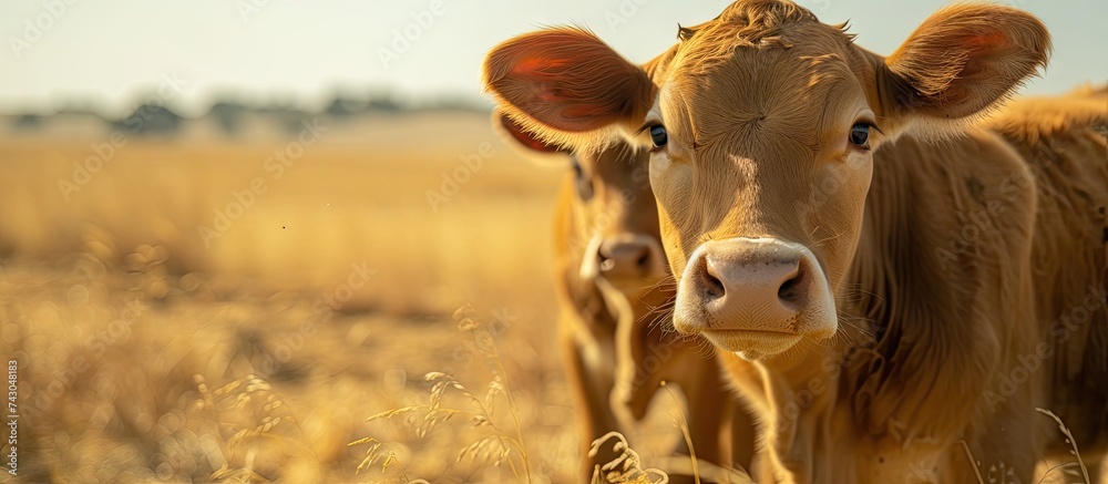 Beef cow and young calf looking at camera in a dry grassy field. with copy space image. Place for adding text or design