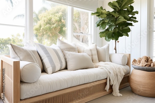 Coastal Cottage Bedroom Inspirations: Contemporary Beige Couch Plant Decor Masterstroke photo