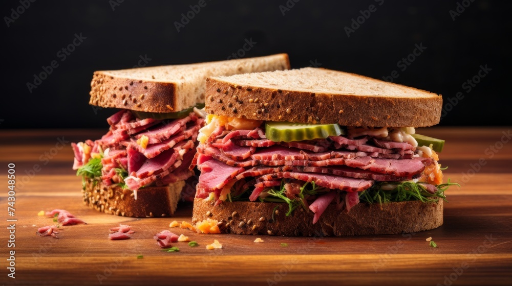 Close-up realistic photo of a Reuben sandwich with pastrami on a white background Generative AI Close-up realistic photo of a Reuben sandwich with pastrami on a white background Generative AI