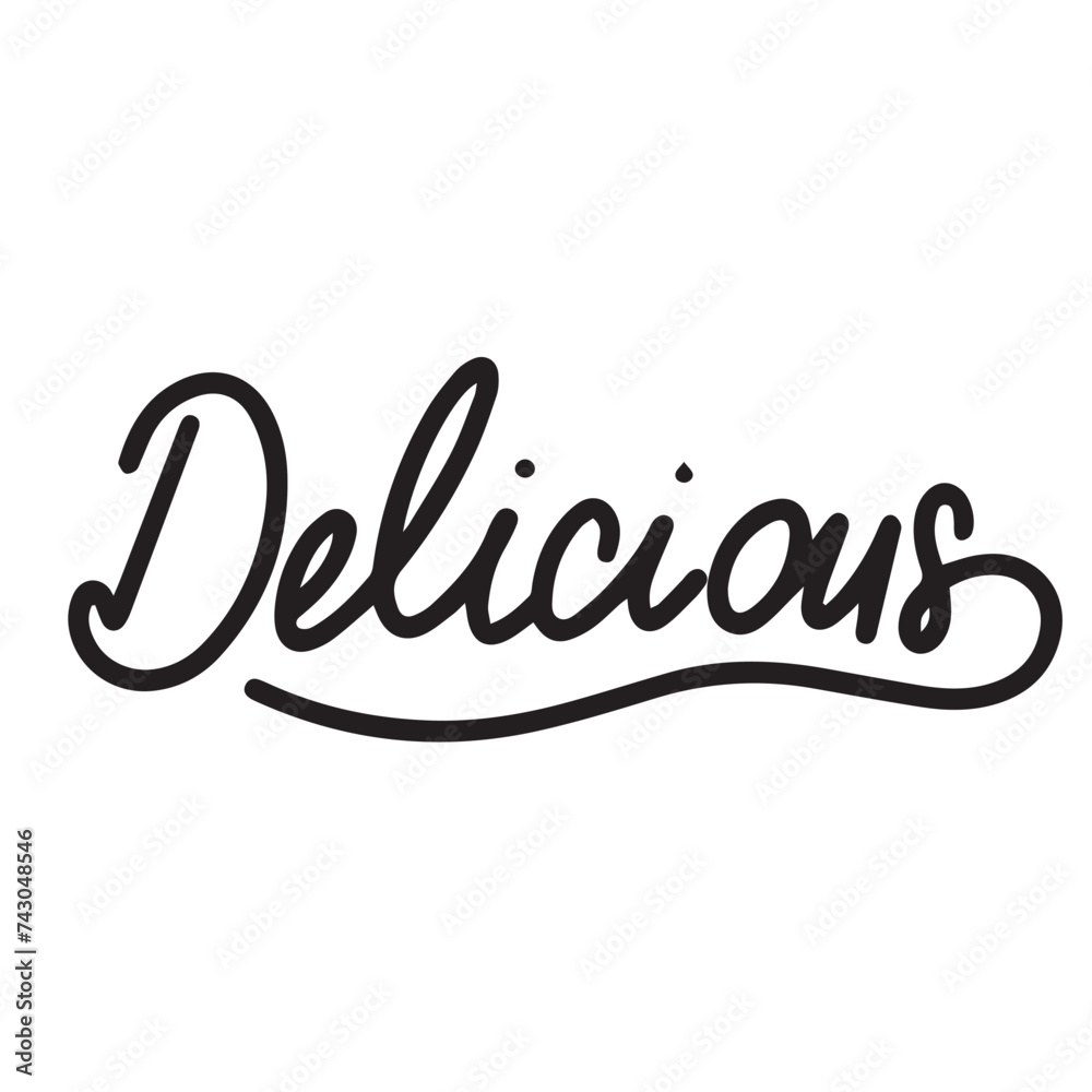 Delicious text banner, minimal. Handwriting inscription, Delicious black color, isolated on white background, square composition. Hand drawn vector art.