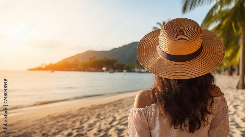 Happy woman enjoying summer beach vacation, relaxing by the seaside with palm trees and sea view