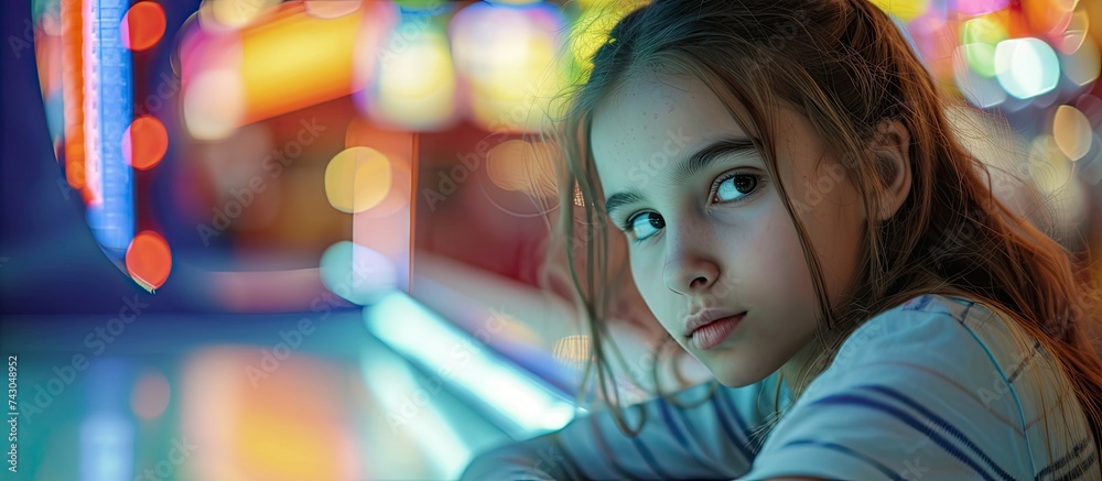 Cute teen girl plays air hockey arcade in game machine at an amusement park. with copy space image. Place for adding text or design Cute teen girl plays air hockey arcade in game machine at an amusement park. with copy space image. Place for adding text or design