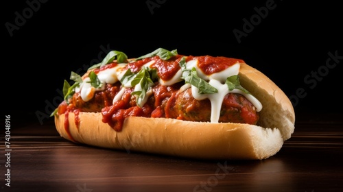 Close-up realistic photo of a meatball marinara sub sandwich on a white background Generative AI