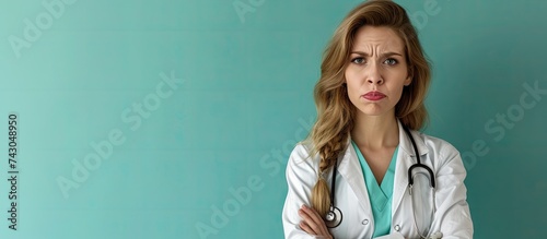 Young beautiful doctor woman with reflex hammer and medical instruments disgusted expression displeased and fearful doing disgust face because aversion reaction with hands raised