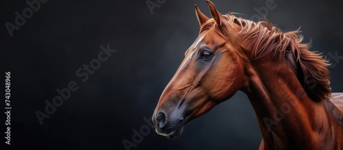 Noble allure A stunning brown horse regal in its beauty exuding strength and elegance a harmonious blend of nature s magnificence and equine grace. with copy space image