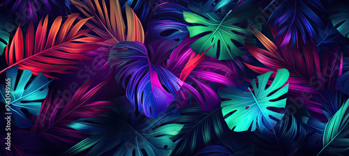 Exotic Leaves with a Neon Glow Tropical Summer Background