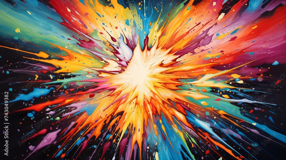 Obraz premium Vibrant abstract painting showcasing a dynamic explosion of colorful paint splatters on canvas.