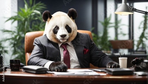 Boss panda animal concept Anthropomorphic wearing suit formal business suit to works in corporate office  workplace in the personal company