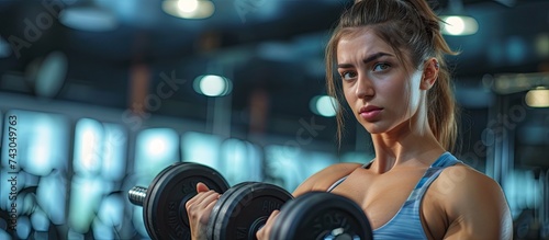 Determined fitness woman training with heavy weights in fitness club Caucasian female athlete doing weight lifting exercise in gym Side view. with copy space image. Place for adding text or design photo