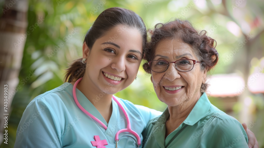 nurse in a teal uniform, wearing a pink ribbon, embracing an older woman with glasses, suggesting a warm caregiver-patient relationship