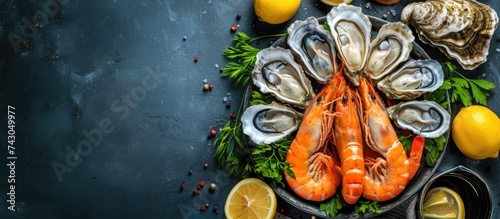 Fresh seafood platter Venus verrucosa oysters and hairy mussels with lemons Puglia food. with copy space image. Place for adding text or design