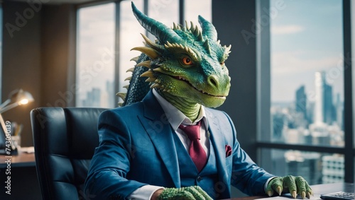 Boss dragon animal concept Anthropomorphic wearing suit formal business suit to works in corporate office  workplace in the personal company
