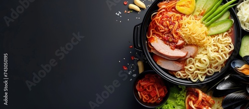 Hot pot of budae jjigae korean instant noodles ramyeon pork sausage mussels and vegetables delicious Korean food. with copy space image. Place for adding text or design photo