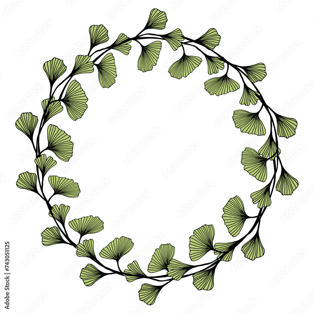 Fototapeta premium Ginkgo biloba leaves frame trendy linear hand drawn style. Vector ginkgo branch. Illustration for cosmetics, medicines, organic food, wedding