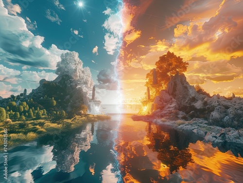 3D render of a landscape divided one side depicting heavens serene beauty the other hells fiery chaos