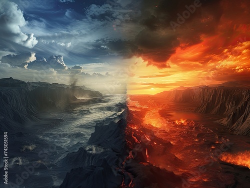 3D render of a landscape divided one side depicting heavens serene beauty the other hells fiery chaos