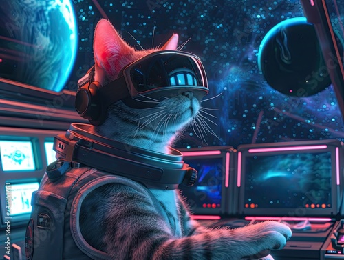 3D visualization of a cat wearing a VR headset and space suit navigating a virtual space station with cosmic backgrounds photo